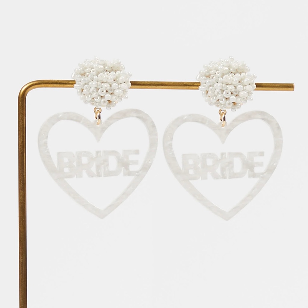 White Beaded Bridal Heart Earrings 13$